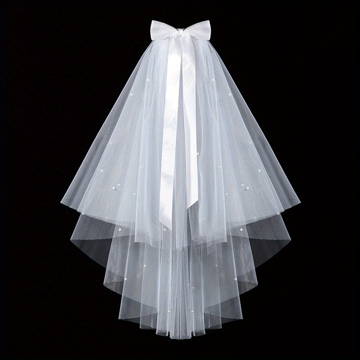 elegant white cathedral wedding veil accents bow soft tulle  display picture 2
