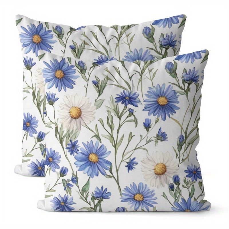 TEMU 2d 2pcs Blue And White Daisy Pattern Pillowcases, Optional, Velvet Material, Single-sided Print Without Pillow Insert, Featuring With Blue And