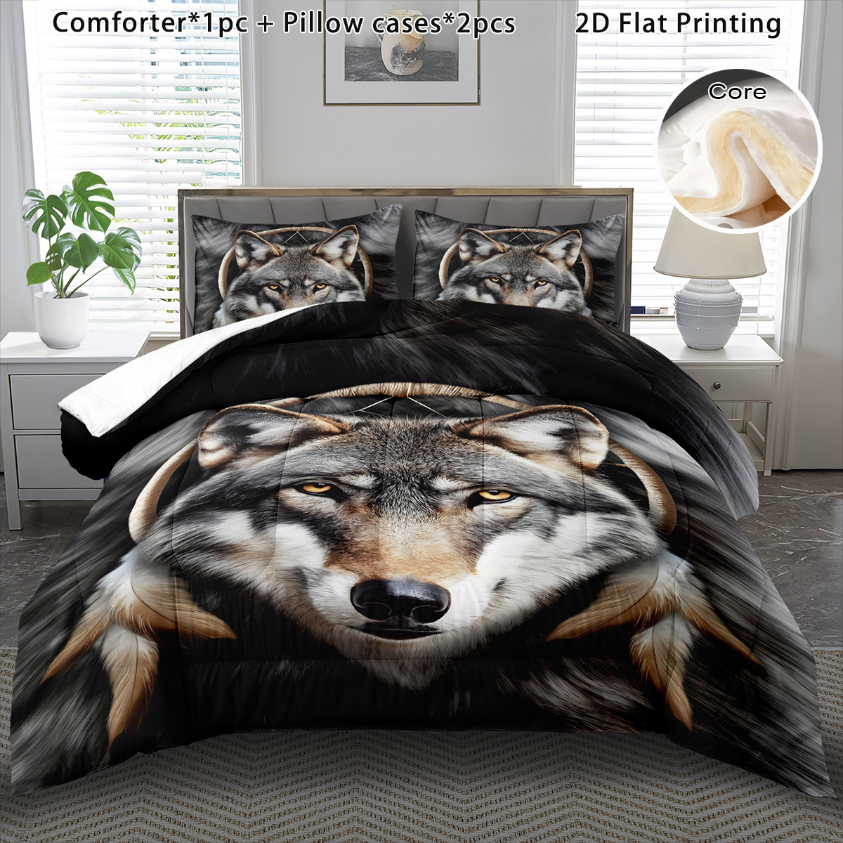 3pcs comforter set for winter wolf portrait comforter set cartoon boho soft bedding halloween gift quilt cute christmas room decor autumn winter quilt birthday valentines day gift 1 comforter and 2 pillowcases without core