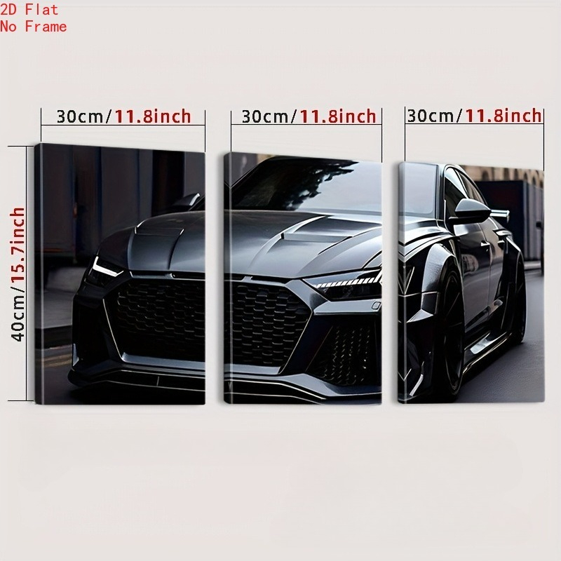 TEMU 2D Flat, 2D Flat, 3-teiliges 2D Flat Leinwand Wandbild, Modifiziertes Supersportwagen/ Thema, Home Office Dekor, Perfektes Geschenk für