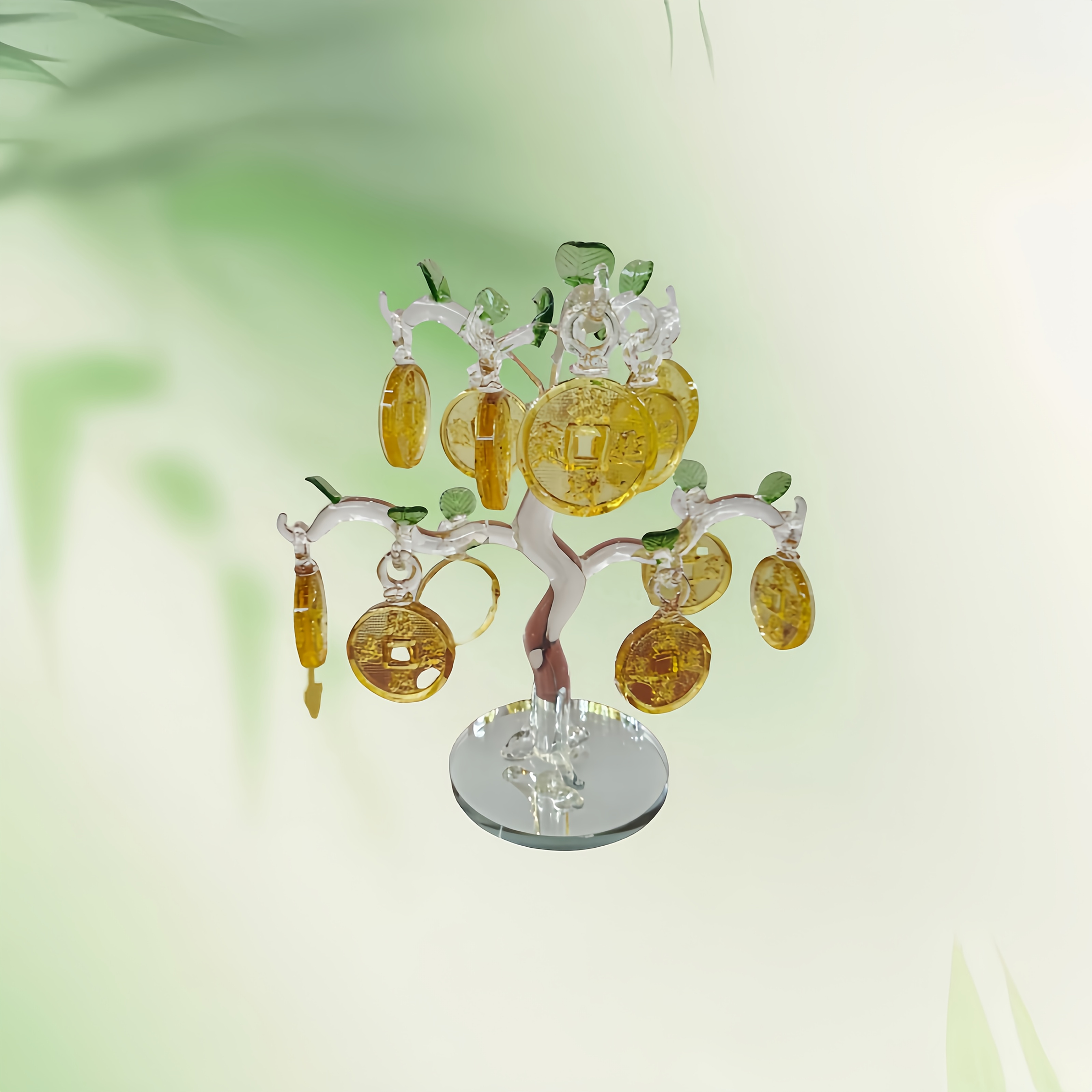 TEMU A Set Of Crystal Money Trees With Transparent Branches And Green Leaves, With Golden And Copper On A Round . Indoor Decoration To Good Luck And