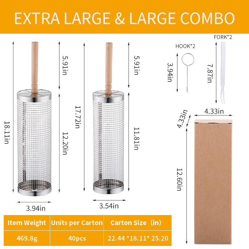 TEMU Lot de 2 paniers de gril en acier inoxydable, grandes et petites tailles, poignée en bois rotative à 360° pour camping, -, barbecue et grillades