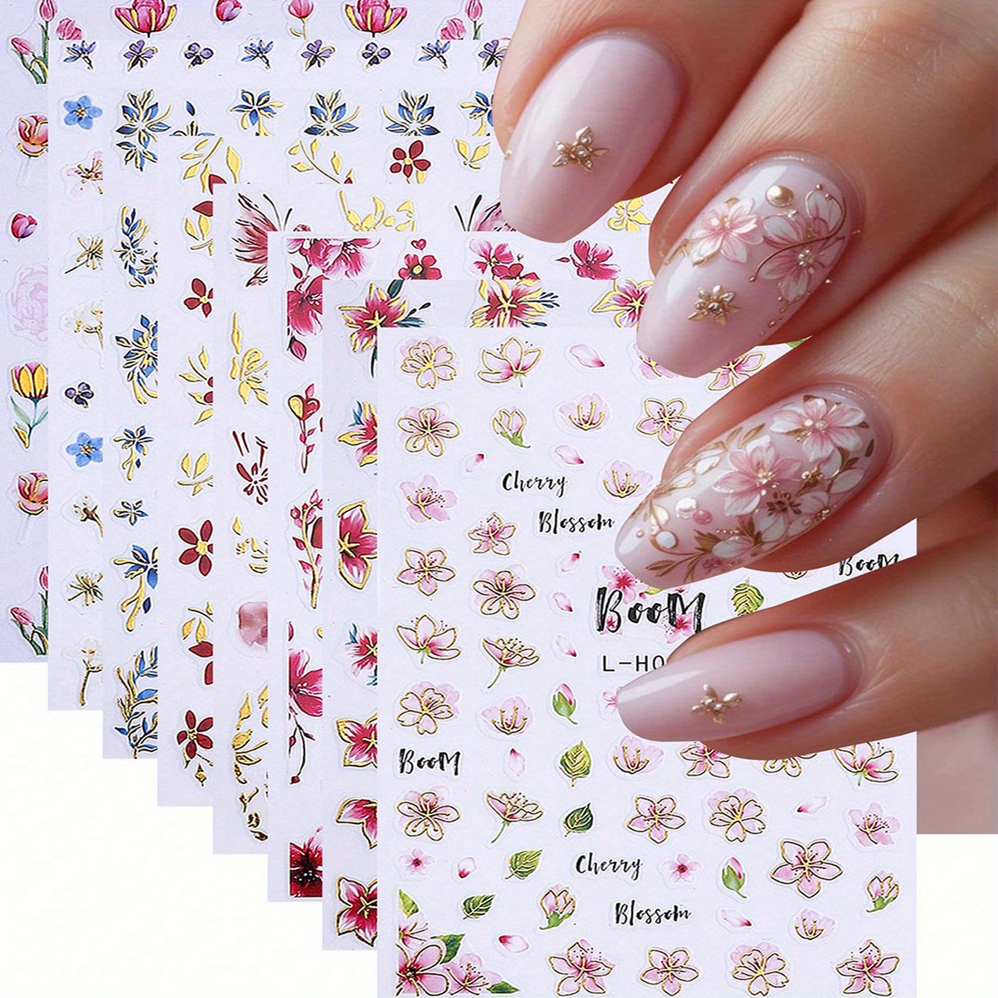 Image of 8pcs Spring And Summer Floral Nail Stickers, Cherry Petal Nail Diy Elegant And Fashionable Japanese And Korean Style, Sticker Sliding Nail Art Decoration, Women's And Nail Supplies, Holiday Gifts