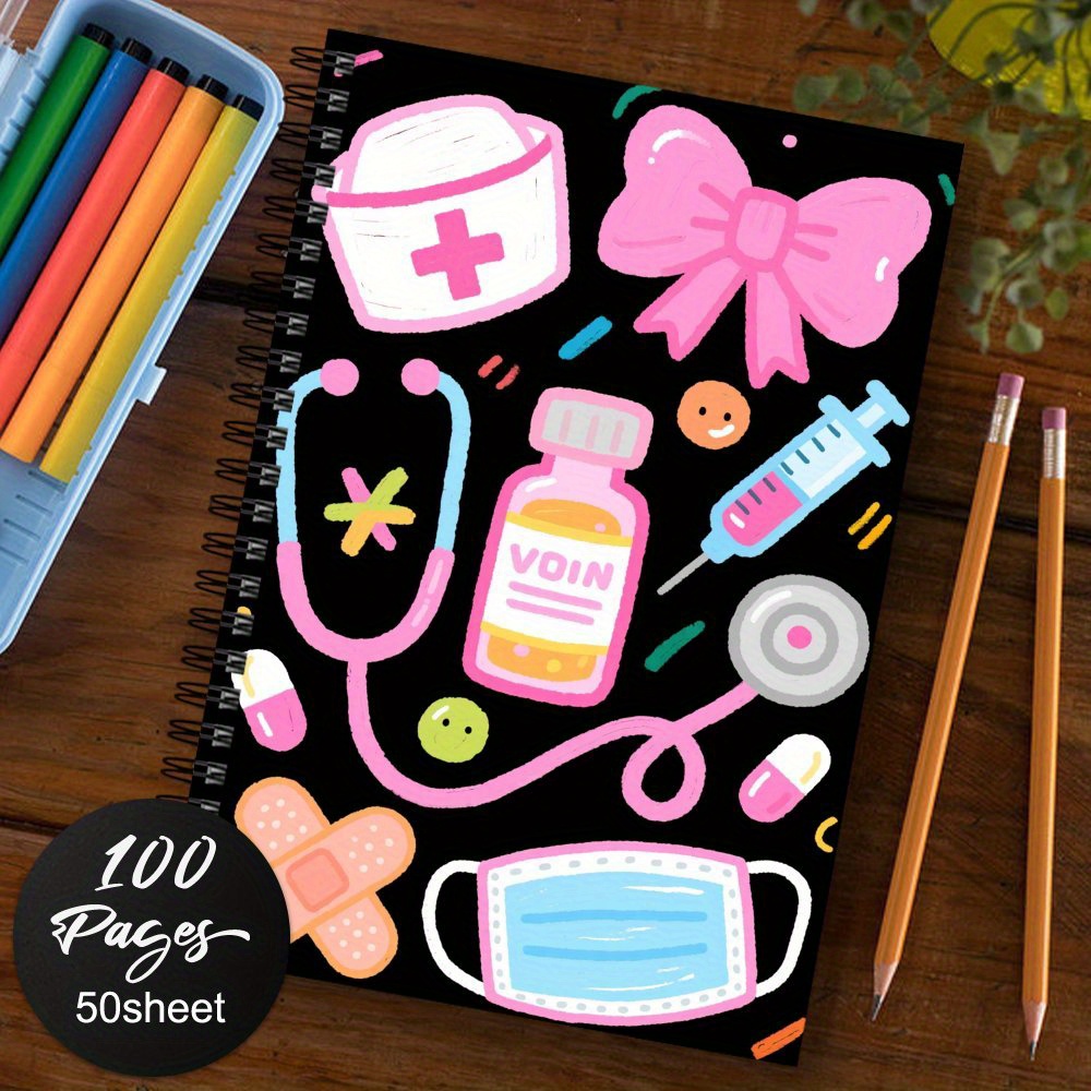 TEMU 1pc Spiral Notebook Journal - Nurse Themed With Cute Medical Cartoon Illustrations, Perfect Gift For Friend Coworker Women Men, School Office