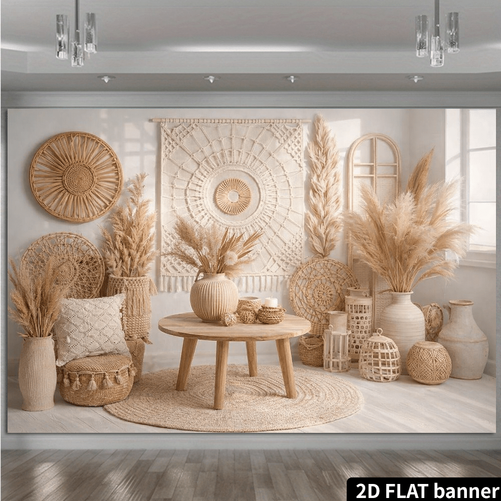 Fondo de sala de estar estilo Wabi-Sabi 2D con tapiz tejido a mano y decoración de pared circular de paja. Combinado con faroles de ratán, ramos de caña, jarrones de cerámica y una mesa baja de madera, el diseño general presenta tonos cálidos beige y madera natural. Acentuado con una alfombra suave