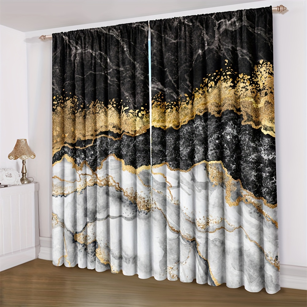 TEMU 2d Flat, 2pcs Room Curtains 2d Flat Printing Of Black And Printed Curtain Rods, Marble Decorative Privacy Curtains, Black And Golden Prints