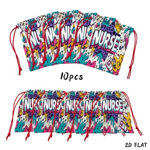 item picture vibrant nurse graffiti print drawstring gift bags 10pcs colorful polyester party favor pouches with fun doodle elements ideal for nurse and daily gift packaging