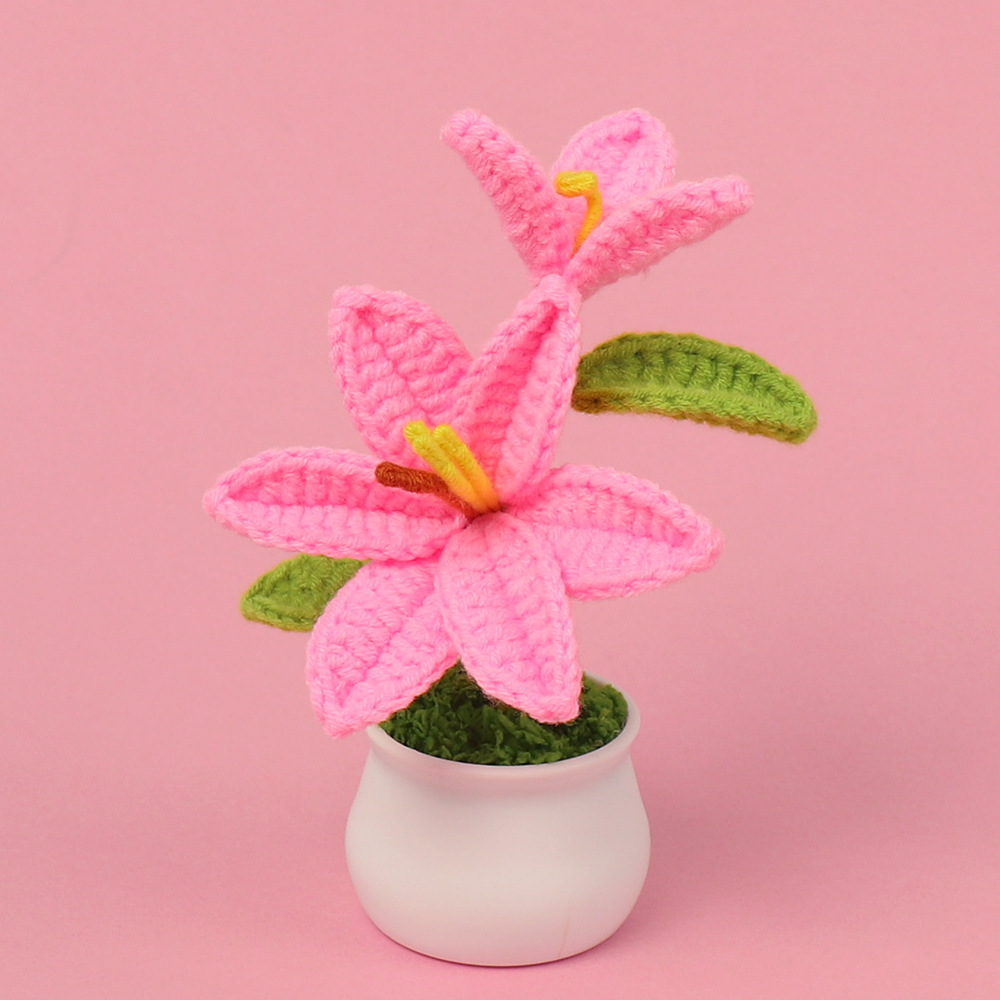 TEMU Finished Cross-border Handmade Yarn Crochet Lily Flower Small Potted Plant Realistic Desk Car Ornament Gift