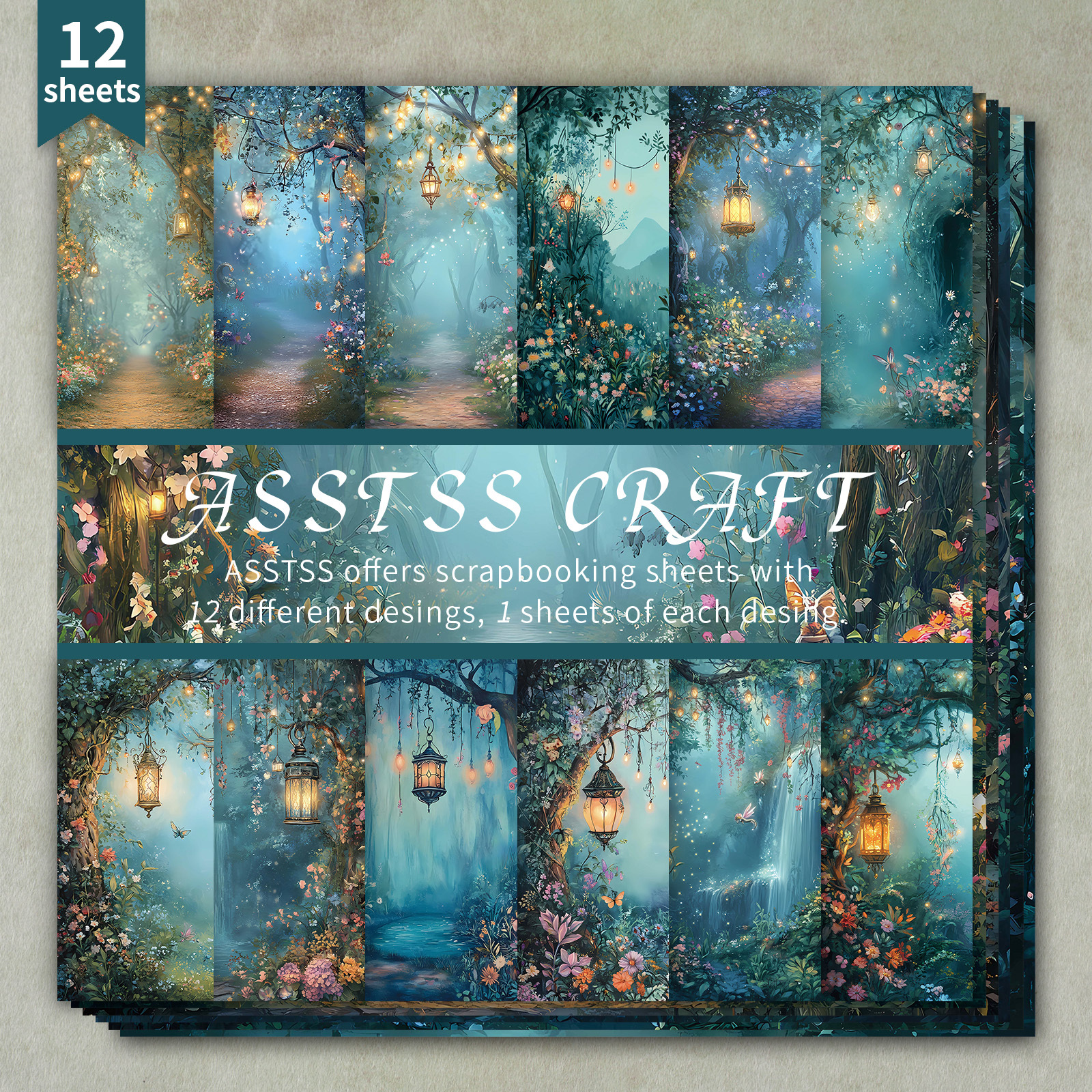 TEMU 12-sheet Asstss Scrapbooking Paper Pad, Watercolor Forest Backing Paper Supplies, Heavyweight Cardstock For Journaling, Collage Art, Greeting