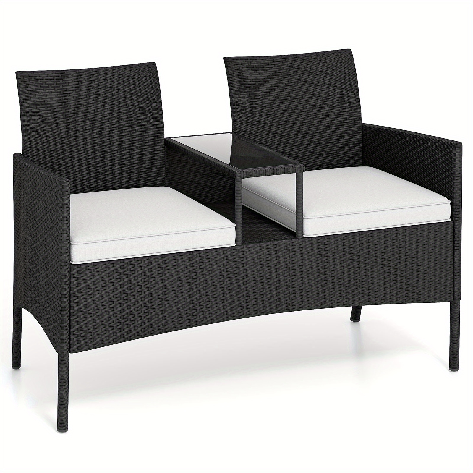 Outdoor Loveseat With Integrated Table, Wicker Two-seater Furniture Featuring Soft Cushions And A Tempered Glass Tabletop, By A Metal Frame For Conversation Seating