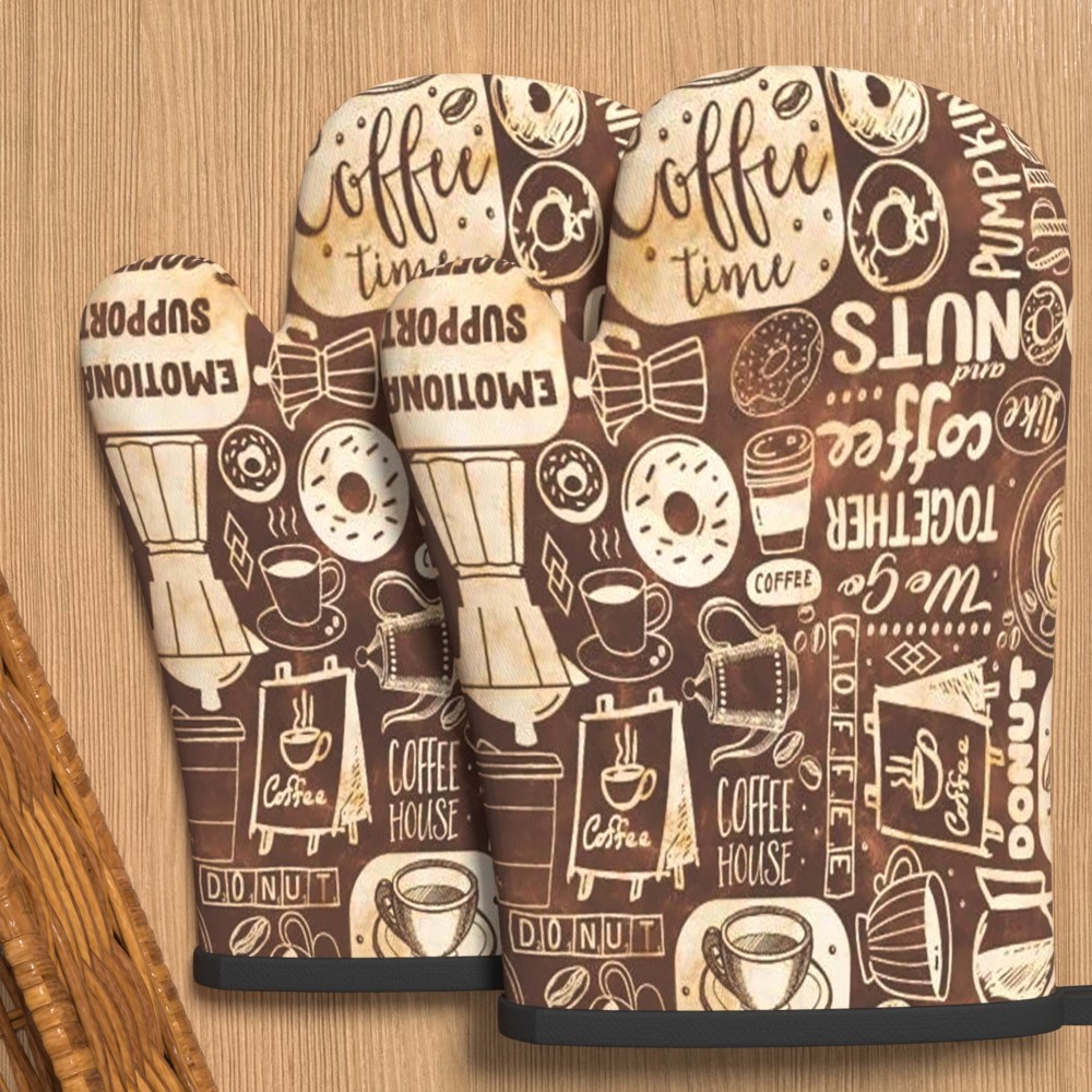 TEMU 2pcs Set 10..7 Inch Coffee Pattern Oven Mitts Heat Resistant Non-slip Suitable For Kitchen Decor, Cooking, Bbq, Baking, Picnics, Holiday Gifts,