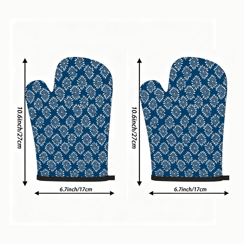 TEMU 2 Oven Mitts, Featuring A Deep Navy Radial Floral Starburst Pattern, Equipped With A Thickened Heat-insulating Layer And A Black Hanging Cord,