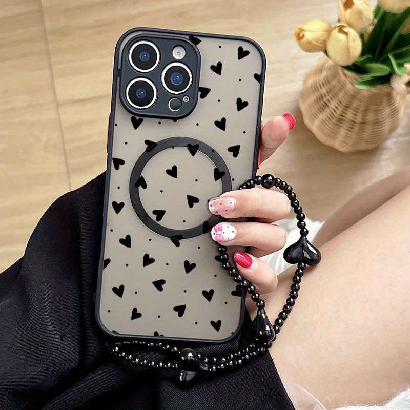 TEMU Phone Case - A Heart-shaped Bracelet In Black And A Magnetic Phone Case With A And For Iphone 17, 16, 15, 14, 13, 12, 11 Pro Max, Xs, Xr, And 7