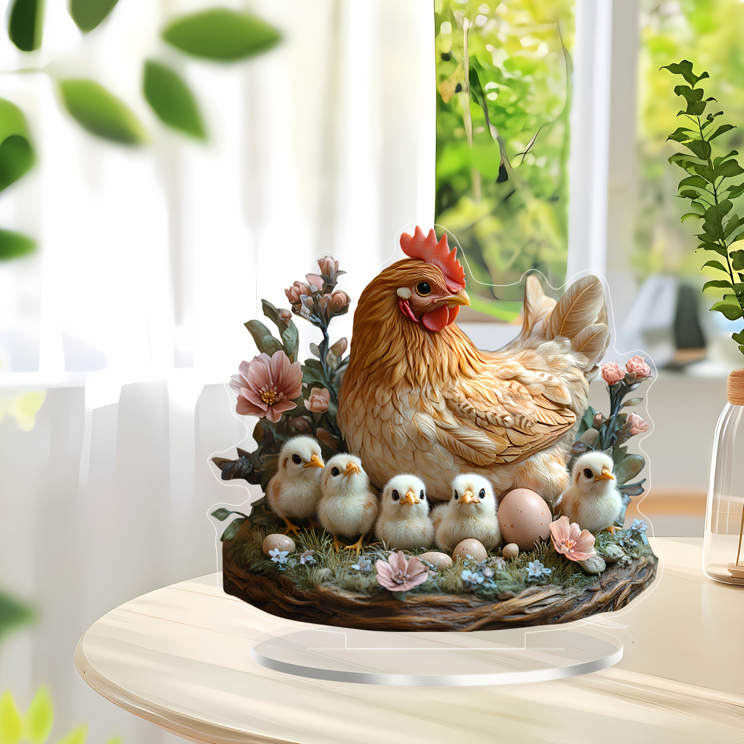 

2d Flat, Bohemian Style Acrylic Chicken And Chick Figurine - Multifunctional Animal Statue For Home And Office, Ideal For Easter, Birthday, New Year, Valentine's Day - No Power Needed