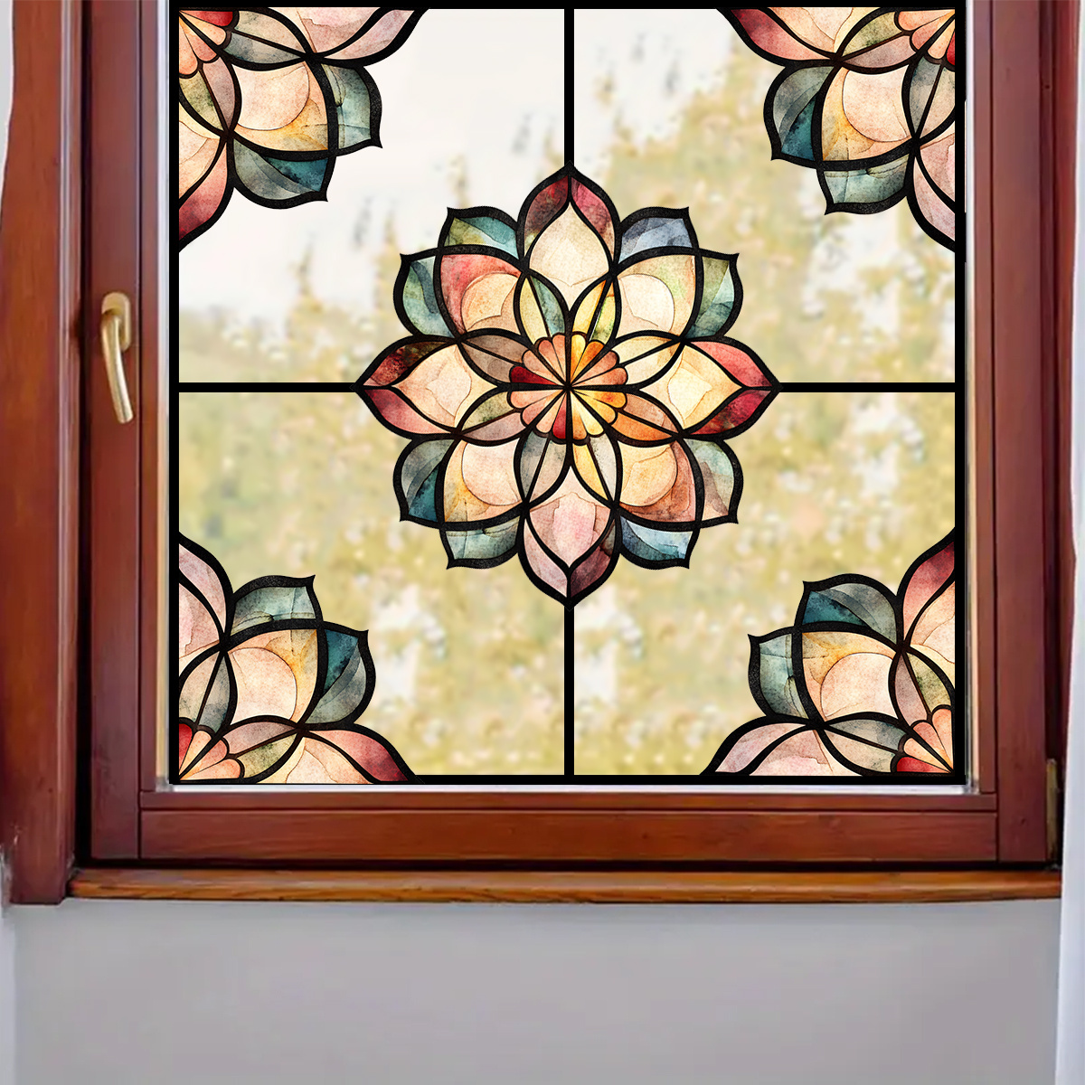 TEMU Autocollant 1 pièce vintage en verre peint à motif de mandala, coloré pour motif de fleur de lotus, décalcomanie adhésif pour vitre en verre
