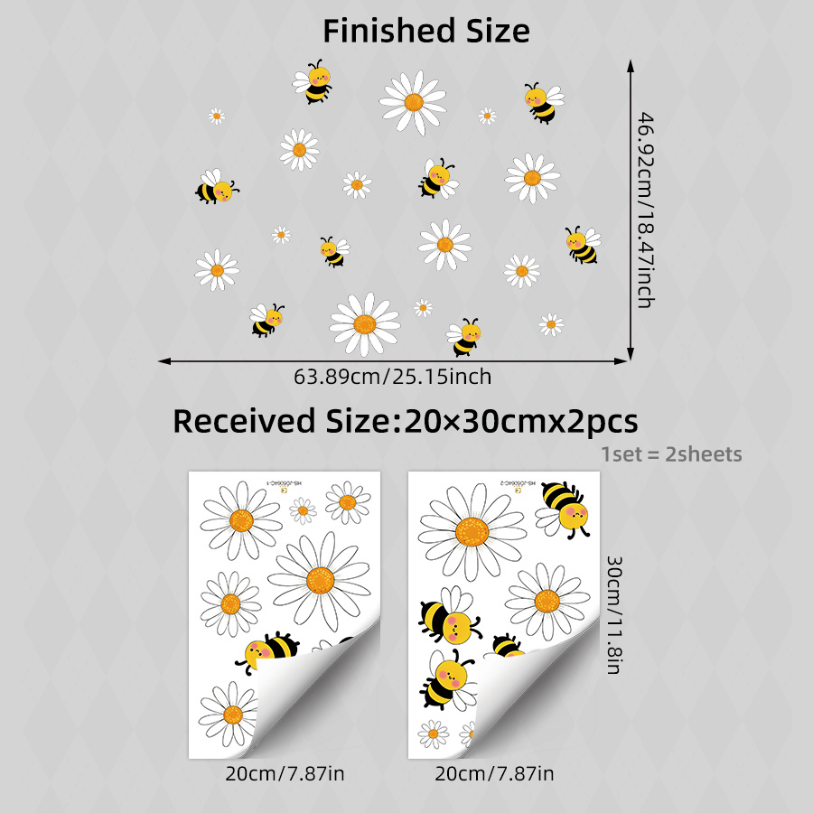 E-shop 2er-Set niedliche lächelnde Bienen Gänseblümchen-Fensteraufkleber, gelbe schwarze hervorschauende Cartoon-Bienen weiße Blumen-Dekoraufkleber,