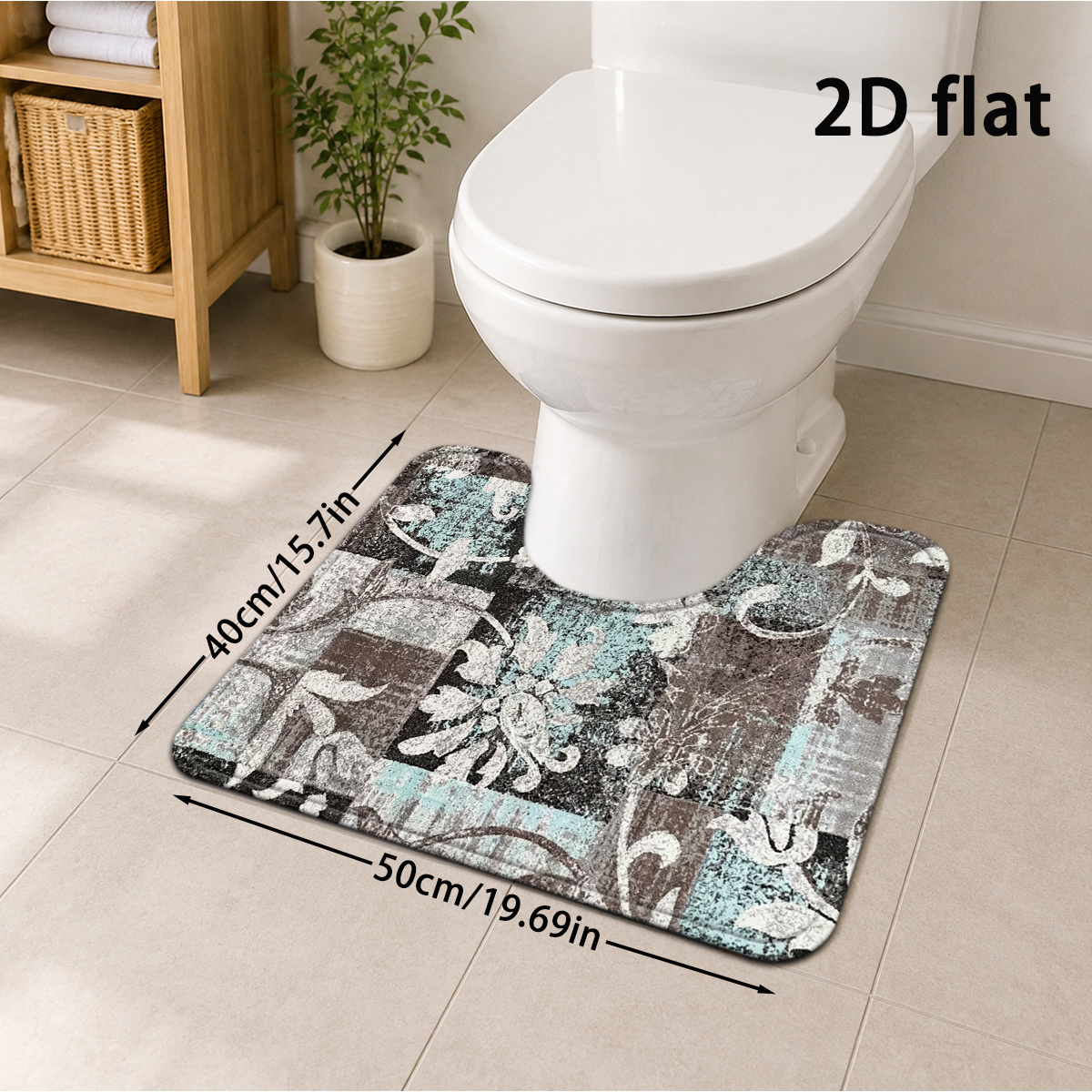 TEMU 2d Flat, 1pc Suitable For Home Decor Bohemian Nordic Vintage Distressed Teal Bath - Soft Thick Absorbent U-shaped Toilet Mat With Non-slip