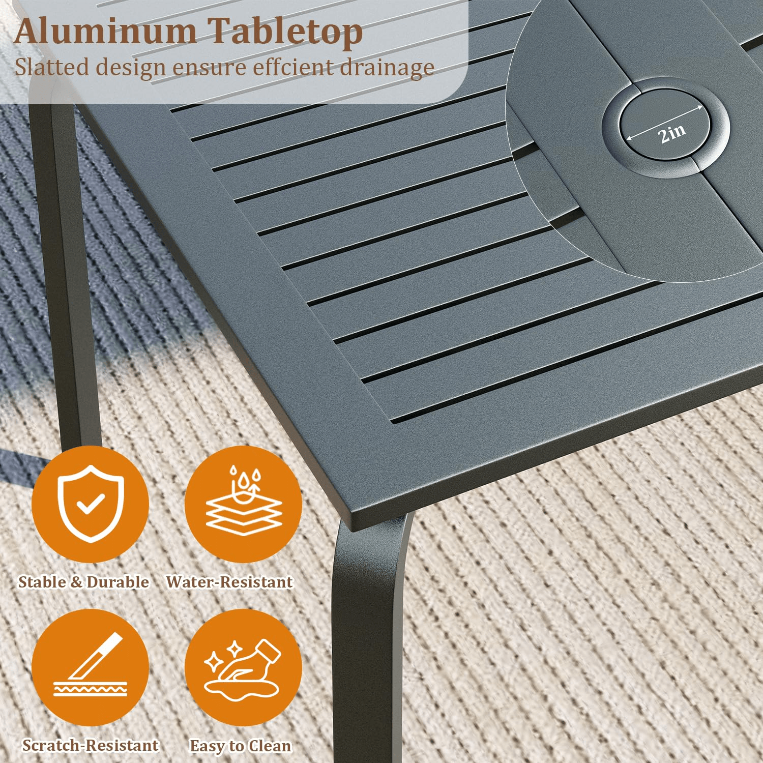 71-Inch Rectangular Aluminum Outdoor Dining Table Designed for Patios, Featuring an Umbrella Hole, Resistant to Weather And Rust, Accommodating 6 to 8 Individuals for Backyard And Deck Use