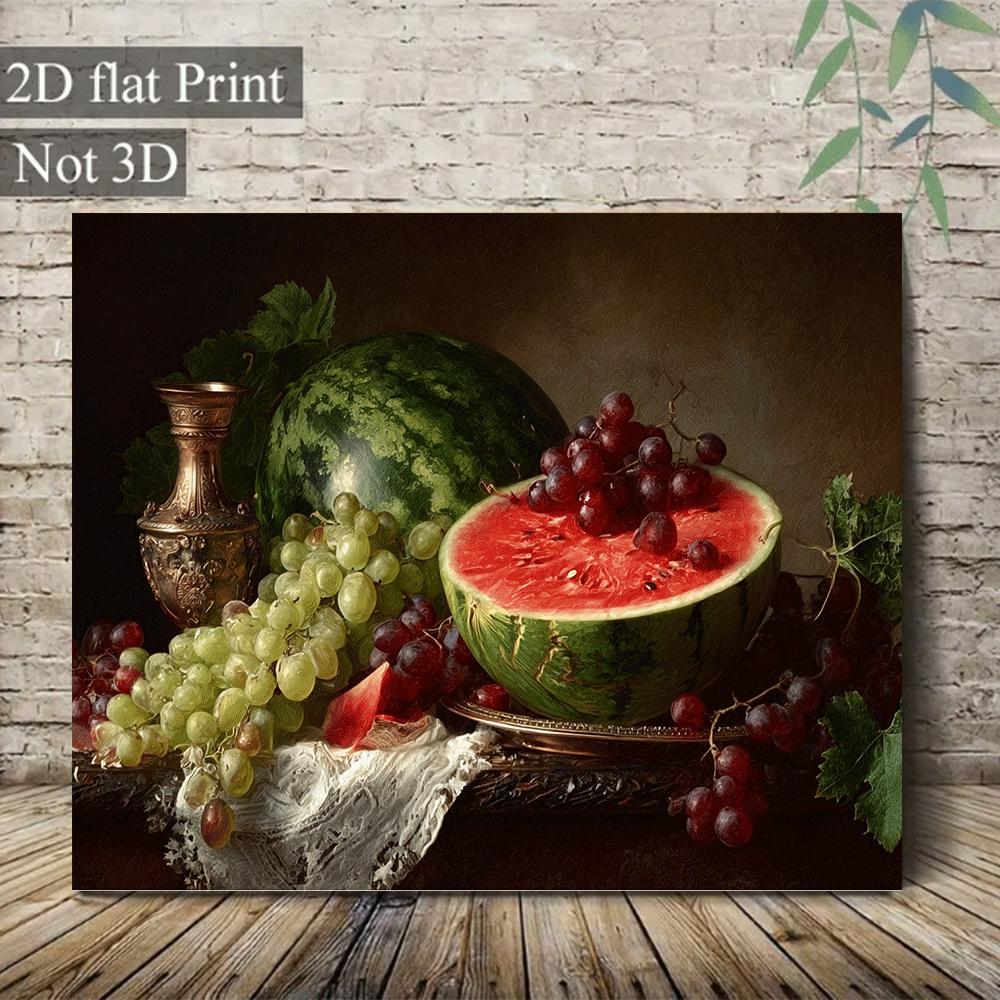 TEMU 1pc Baroque Still Life Watermelon & Grapes Frameless Canvas Painting - Art Print With Golden Accent Fruits (grapes, Melon) For Living Room,