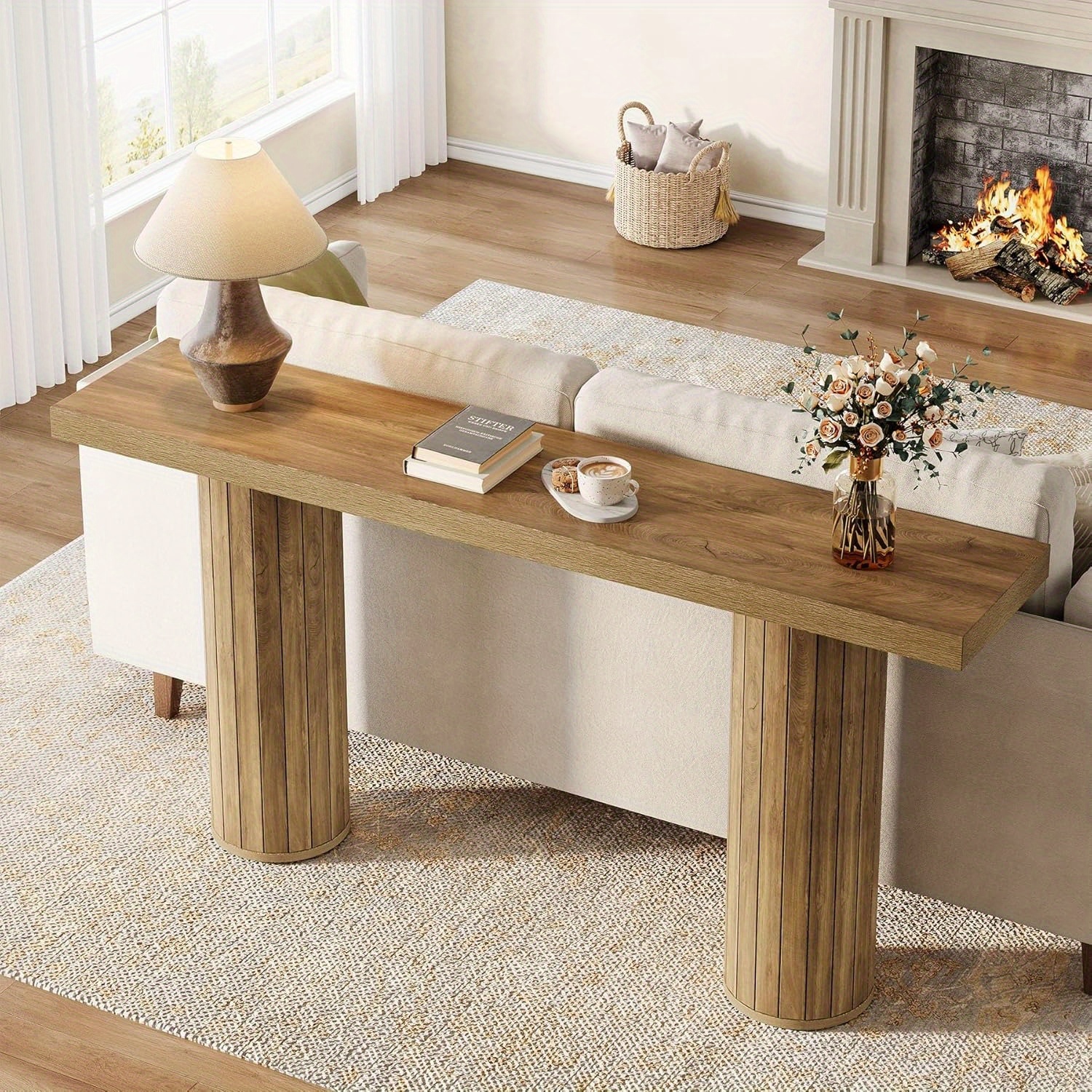 63-Inch Extended Farmhouse Console Table, Rectangular Wooden Foyer Sofa Table for Placement Behind The Couch, Wooden Entry Table for Living Room, Hallway, And Entrance