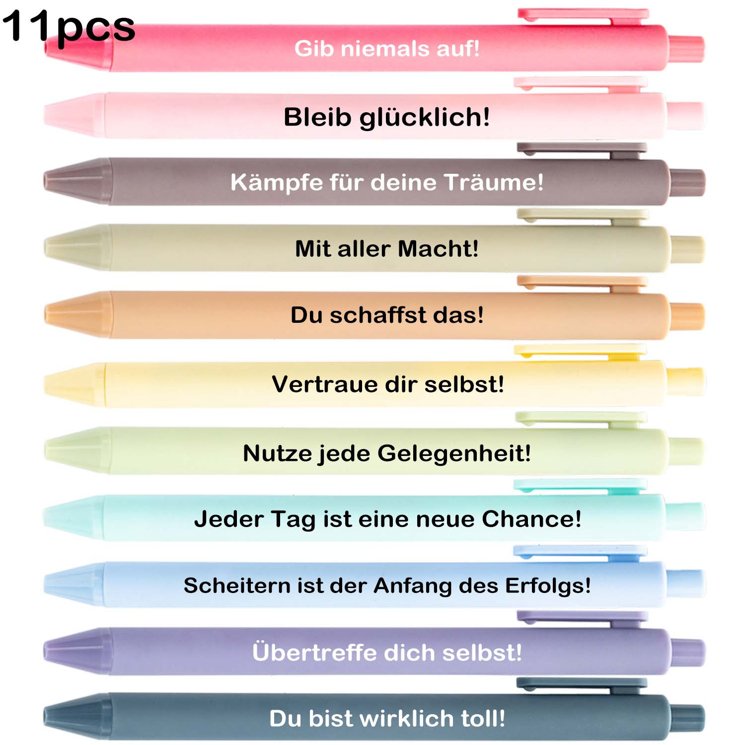 Image of German Inspirational Pens, 11 Pack Motivational Ballpoint Pens With Positive German Quotes, Retractable Black Ink Pens For Office, School, Journaling, Cute Aesthetic Pens For Women Students Teachers