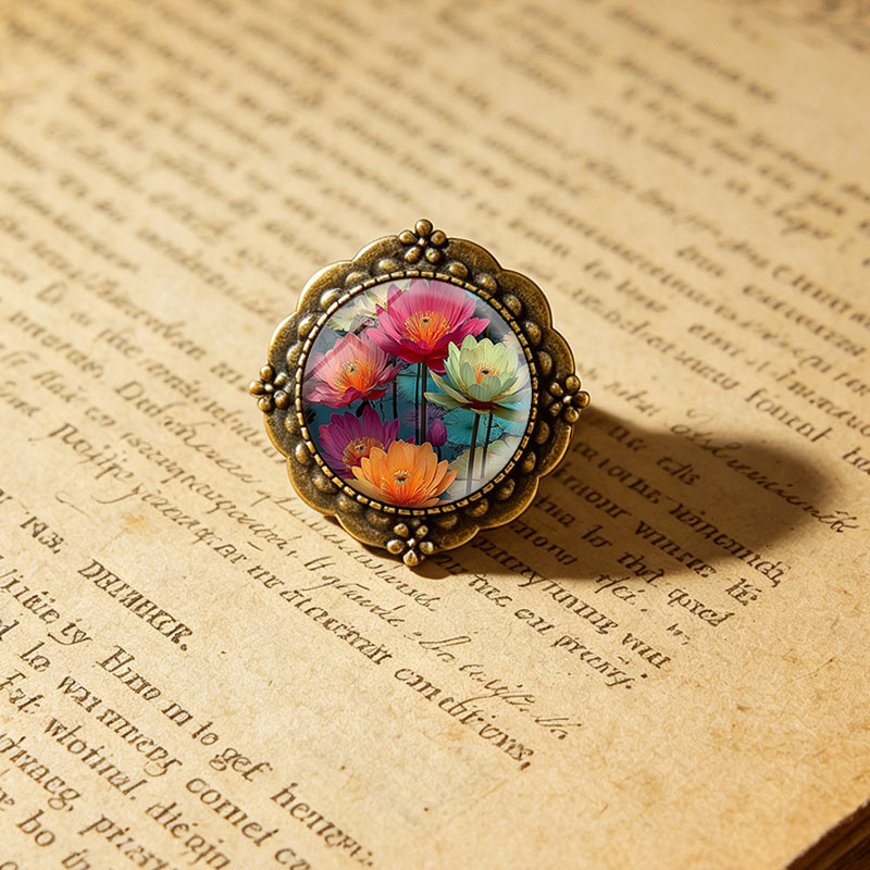 Colorful Water Lily Round Glass Flower Brooch, Fashion Accessory