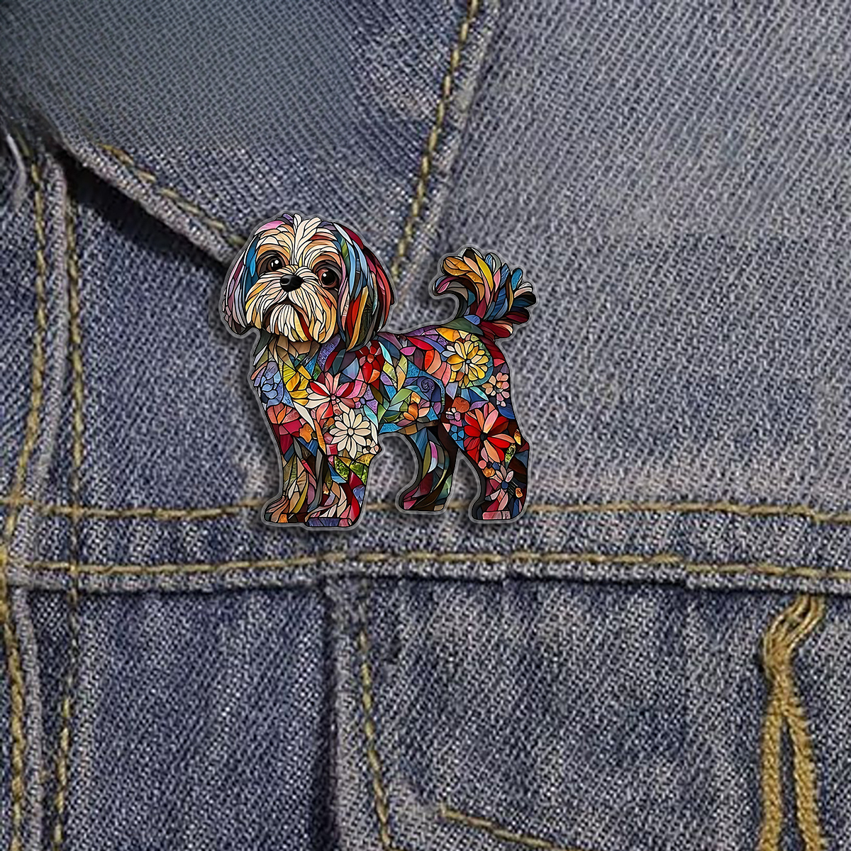 TEMU 2d Flat, 2dflat 1 Acrylic Brooch Featuring A Shih Tzu Dog Silhouette With Colorful Flowers, A Vibrant Floral Mosaic Design Pin, Perfect For Dog