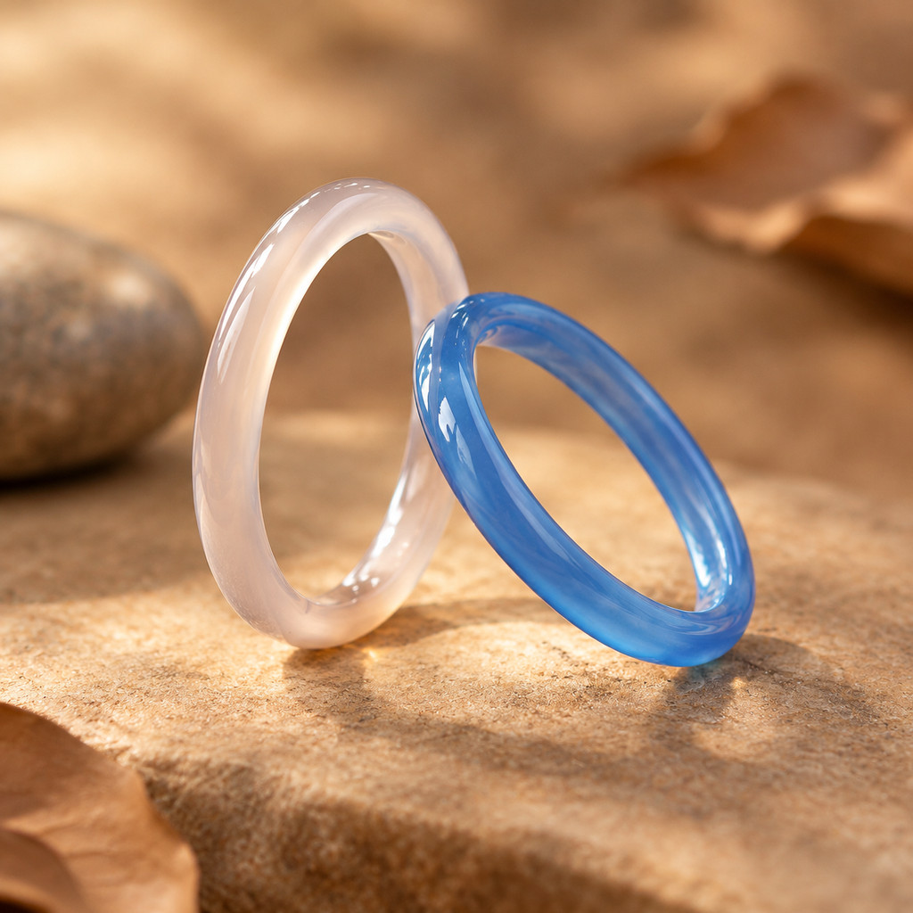 2pcs Natural Stone Ring Set - Gray & Blue Agate