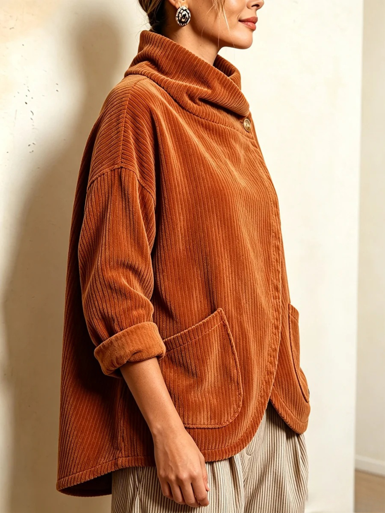 new   womens stand collar corduroy jacket asymmetric button design long sleeve front pockets loose fit casual solid color fall winter outerwear suitable for daily wear   machine washable