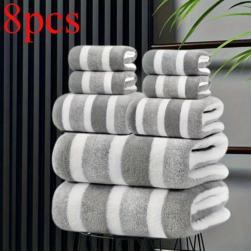 TEMU 8pcs Set, Loss, Super Absorbent And Soft, Five- Hotel Standard Two-color Striped Bath Towel Combination, Including 2 Large Bath Towels, 2 Medium