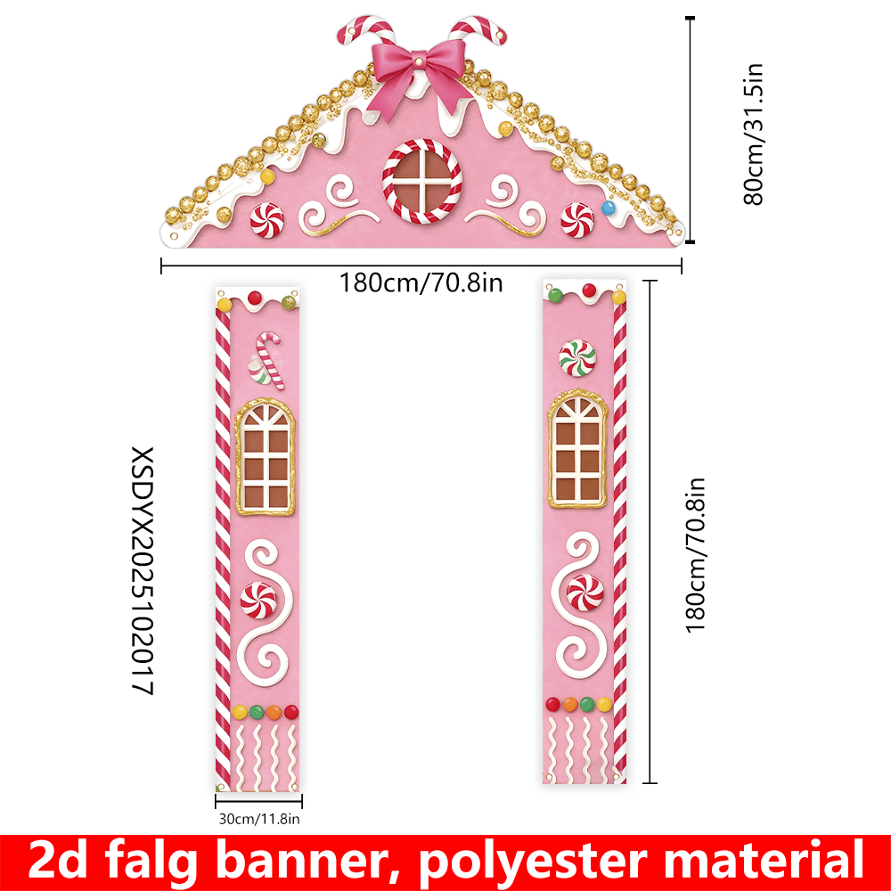 TEMU Bannière de porte 2D plate, Bannière de porte 2D plate, Grande bannière de porte de Noël de maison d'épice rose en 2D, comprenant trois pièces
