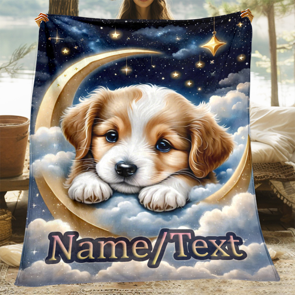 

Customizable Name/text Moon Dog Theme Flannel Blanket - Soft Warm No-electricity Lightweight Throw For Sofa, Couch, Bedroom, Travel, Office - Polyester, Featherless, Gift For Family Or Friends