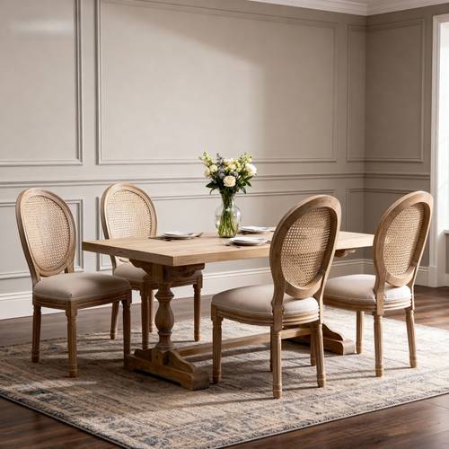 set of 2 modern french farmhouse dining chairs with rattan back beige linen fabric solid wood frame fluted panel armrests suitable dining room rustic elegant seating
