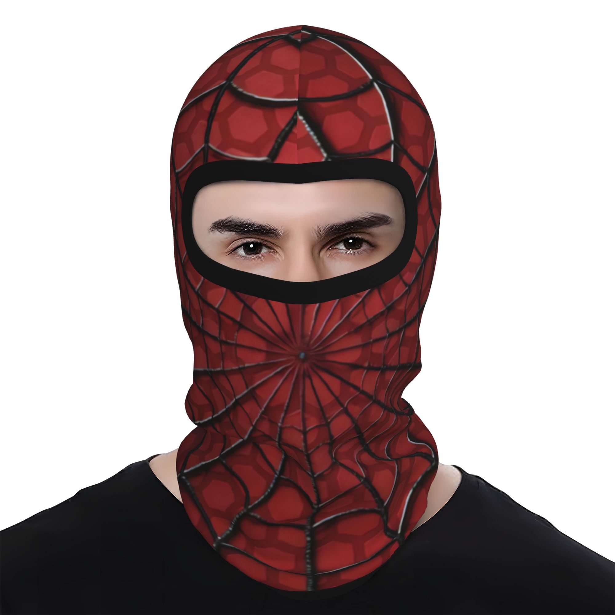 TEMU 1pc Full Face Mask Windproof Breathable Knitted Suitable For Outdoor Sports Cycling Skiing, Red Base Black Spider Web Design With Full Face