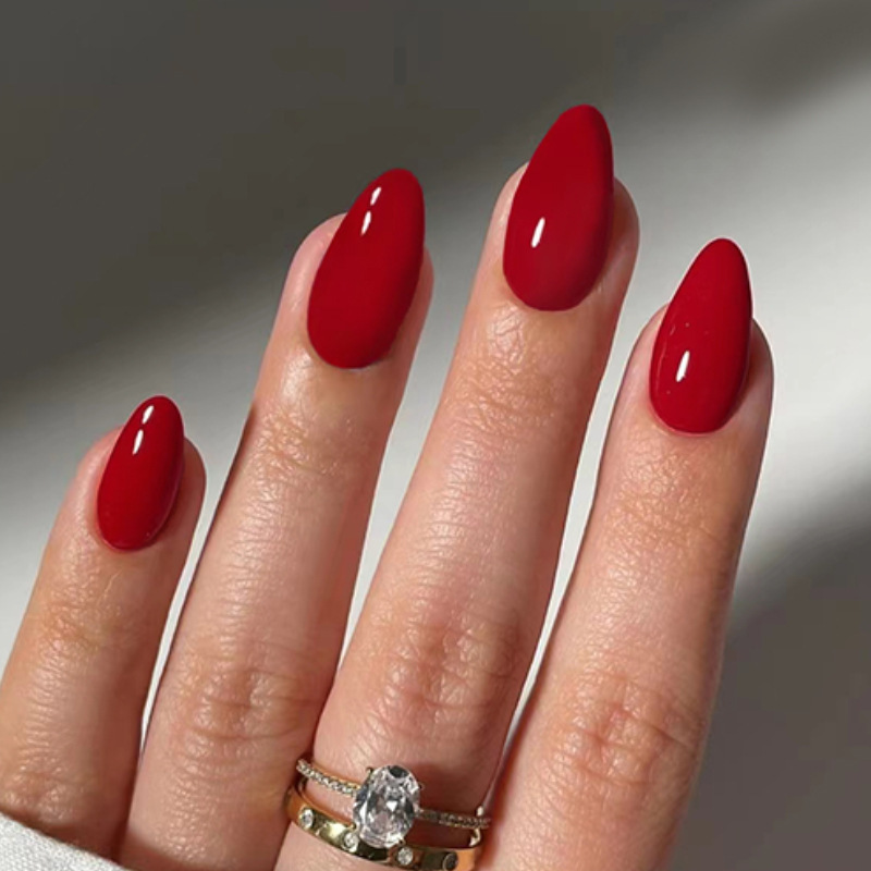30pcs Easy Solid Red False Nails Almond Shape Glossy Press-on Nails With Jelly Glue