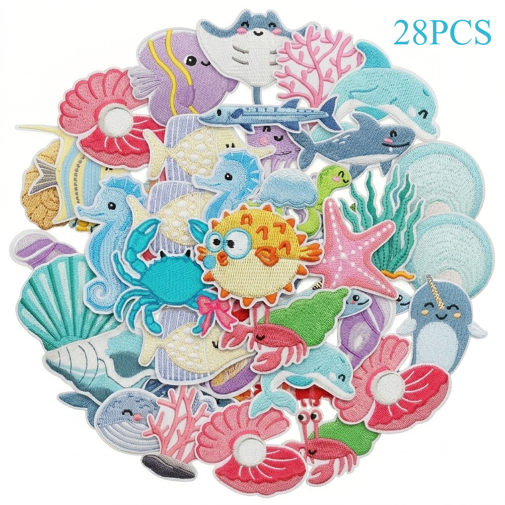 TEMU 28 Stück Kreative Neue Design Marine Lebewesen Gestickte Patches - Hai, Delfin, Quallen, Fisch, Schildkröte, Seestern. Für Dekoration auf , &