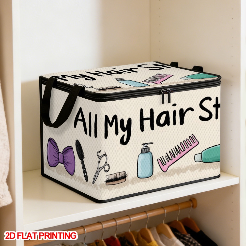 TEMU 1pc Foldable Zipper Storage Basket, " Hair Stuff" Theme Illustration Foldable Fabric Storage Box With Handle And Zipper Dust-proof Storage Bin,