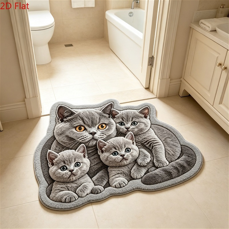 TEMU Velvet 900g+9mm [2dflat] Thin Velvet 3d Effect, Not Long Velvet, Soft And Cute Blue Cat Family Bathroom Non-slip Floor Mat Simulation British