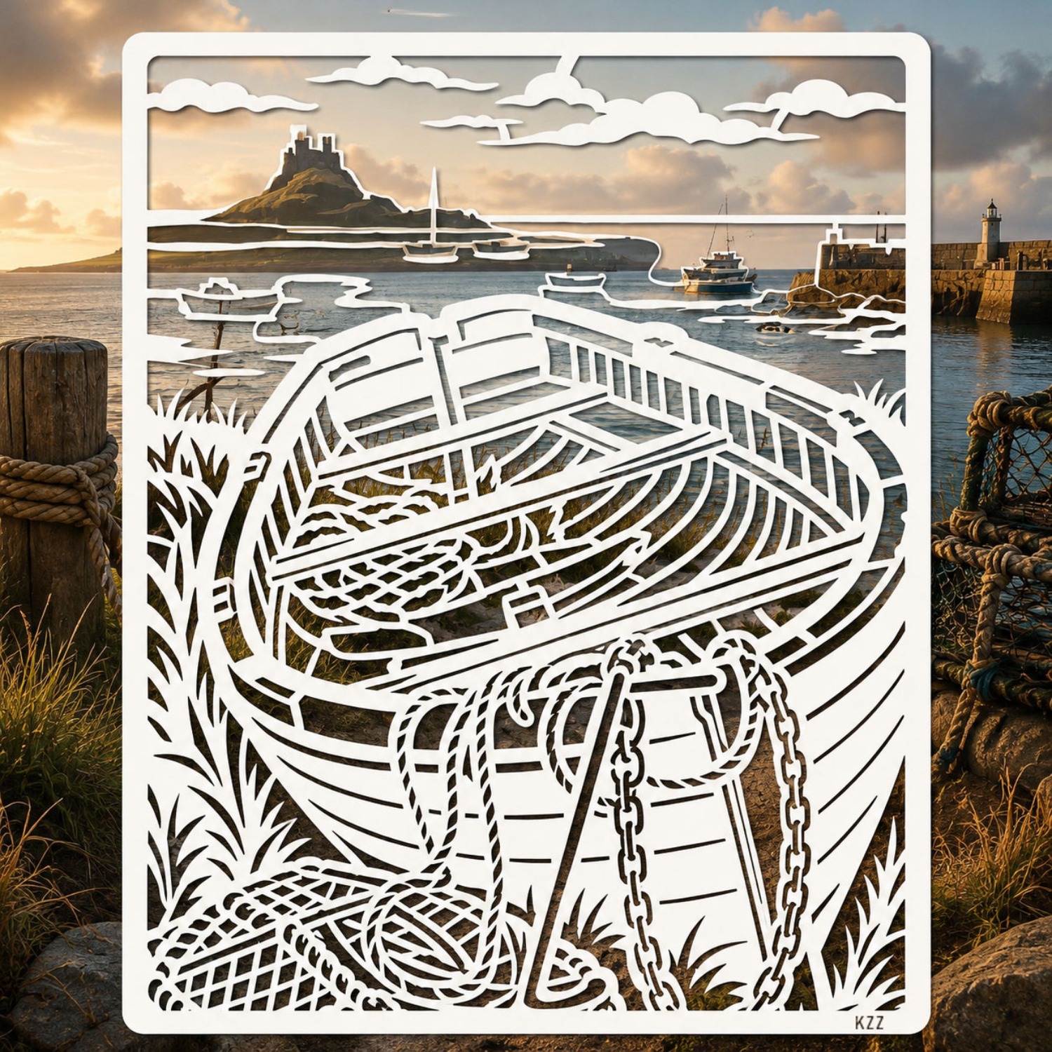 TEMU Kzz 1pc Reusable Boat Stencil, Wooden Rope Chain Lighthouse Seaside Yacht Cloud Seagull Ocean Landscape Drawing Template, Pet Vertical Rectangle