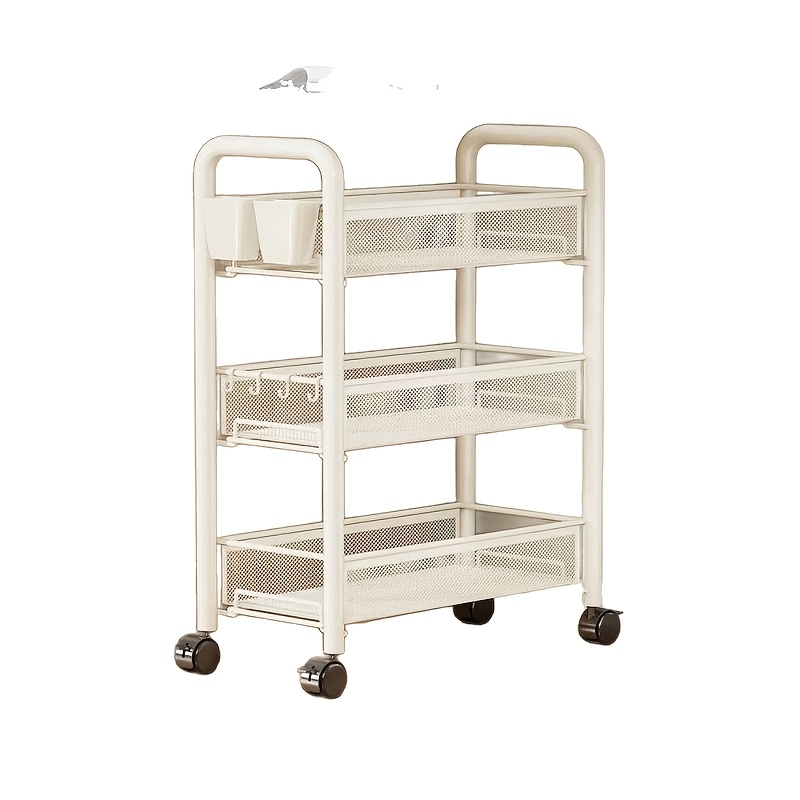 Image of 3 Tier Rolling Cart - Metal Utility Storage Carts With Wheels, Craft Cart Organizer With Hanging Cups, Hooks, Mesh Basket For Bedside Kitchen