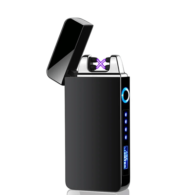 a metal windproof usb electric lighter featuring a dual arc flameless     display and touch sensor its an   for outdoor use and as a holiday gift without battery