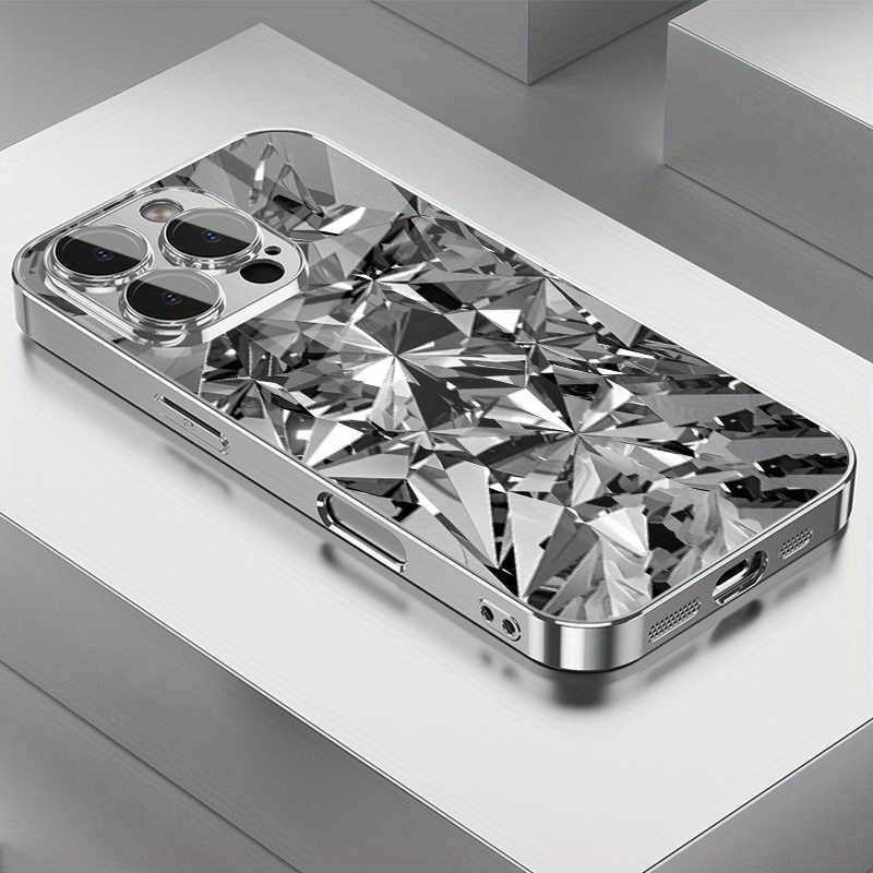 Phone Case - Phone Case: Geometric Polyhedral Metallic Print, Electroplated, Lens Protection, Full Coverage Drop-resistant Tempered Glass, For Iphone 17/16/15/14/13/12 Series (pro/pro Max/plus/16e)