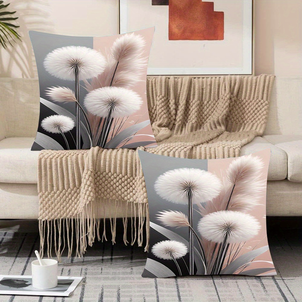 2pcs Pink-gray Dandelion Pillow Covers, Contemporary Printed Polyester Cushion Covers With Zipper Closure, Hand Wash Only, Decorative Sofa & Living Room Home Decor, No Filling Included
