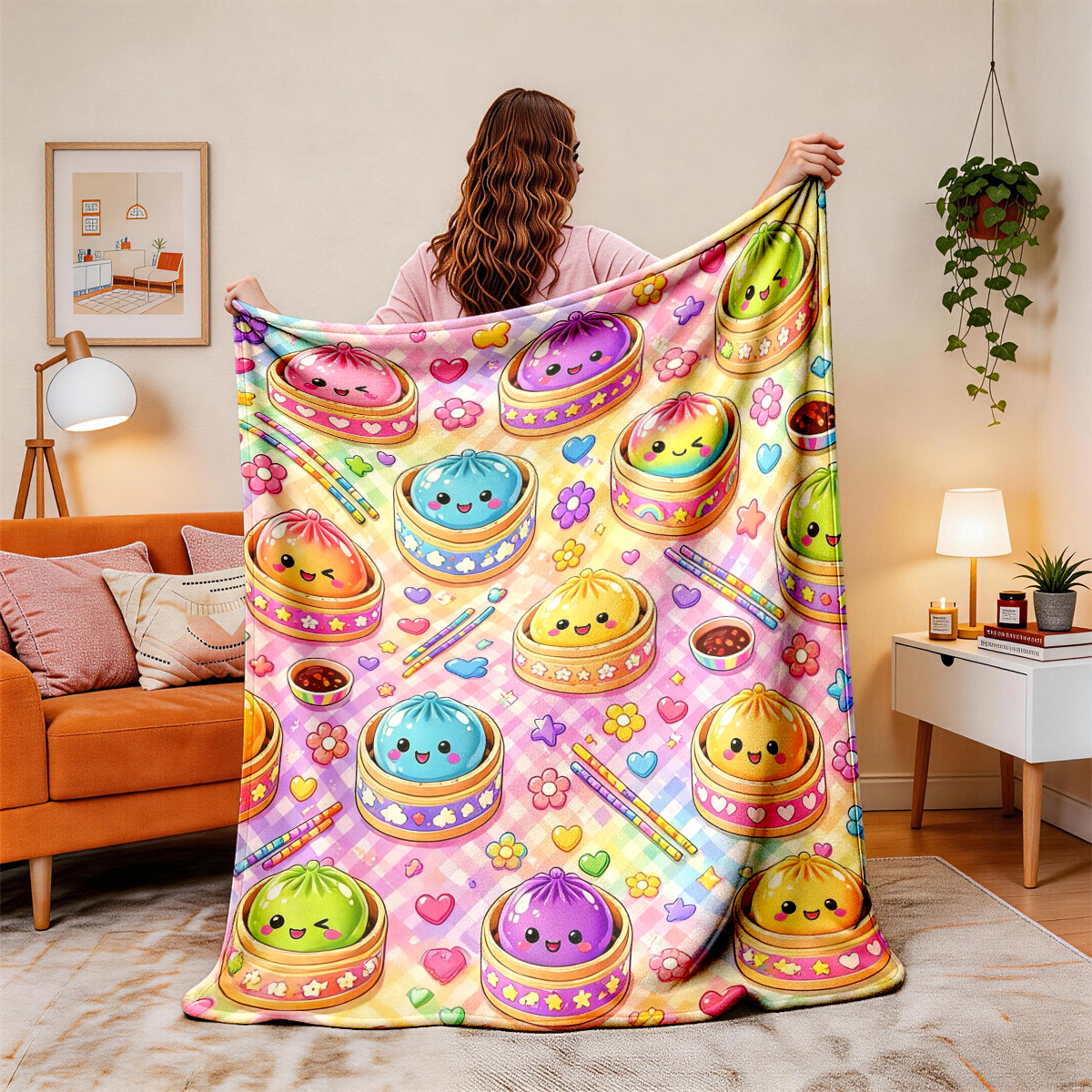 Macaron Checkered Cartoon Flannel Blanket