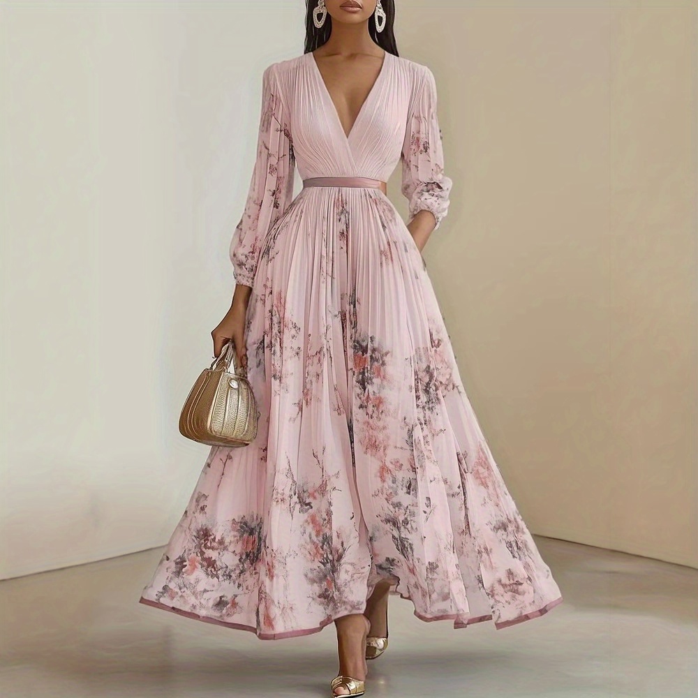 womens elegant floral print dress formal casual party wedding outfit with cinched waist flowy long sleeves   party everyday dress in beige green white black womens formal everyday attire dresses for wedding guest versatile fashion   design sophisticated tailoring     fabric adult clothing Product details 10