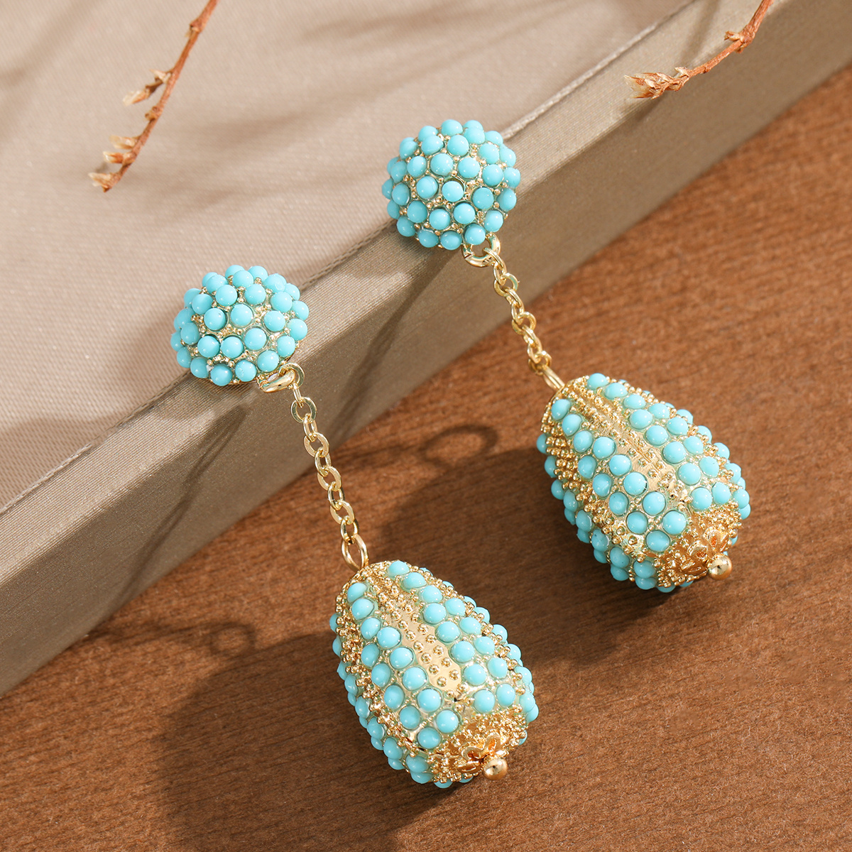 TEMU Bohemian Retro Round Full- Synthetic Turquoise Thin Chain Connecting To Oval Pendant Women's Earrings Suitable For Parties, Banquets, Weddings