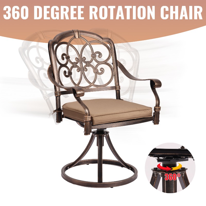 9pcs Cast Aluminum Outdoor Patio Dining Set - Ornate Scrollwork Design, Weather-Resistant Rust-Proof Frame, Square Table & 6 Cushioned Chairs, Suitable for Garden, Backyard & Poolside