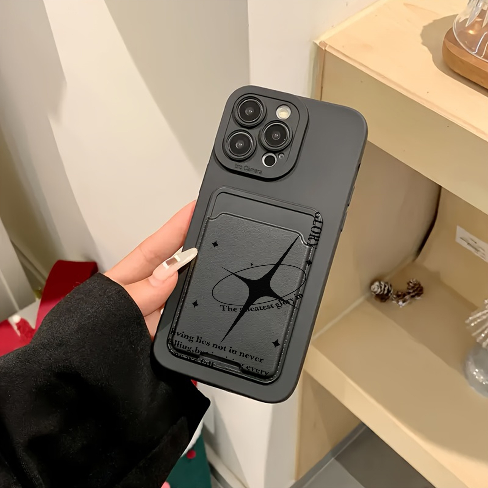 TEMU Phone Case - Two-piece Set: Black Self-adhesive Card Holder/card Slot Phone Case/card Wallet With A Black Star Cross-pattern Tpu Full Protective