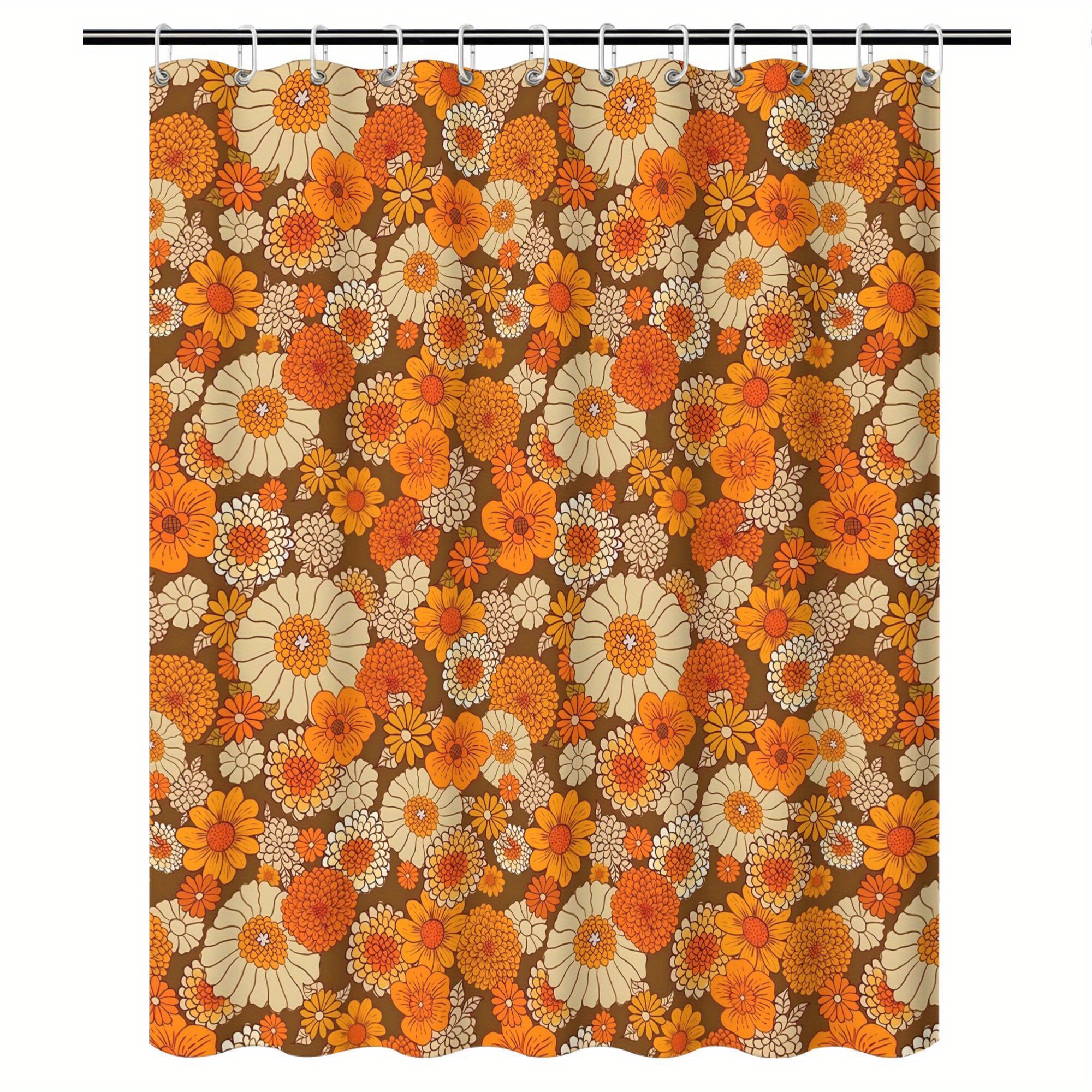 TEMU Rideau de Douche Vintage ZLIENSZUS Années 70 - Décor Rétro pour Salle de Bain avec Crochets, Rideau Flottant en Polyester Lavable à Orange et