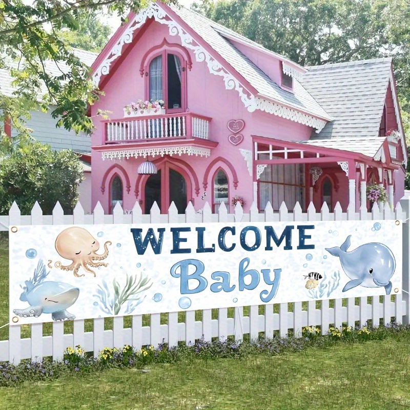 1pc   baby shower decoration sea animal welcome baby yard banner with crab turtle jellyfish whale   durable polyester for wall fence yard garden porch balcony no electricity needed nursery decor ocean theme   print themed party decor   0